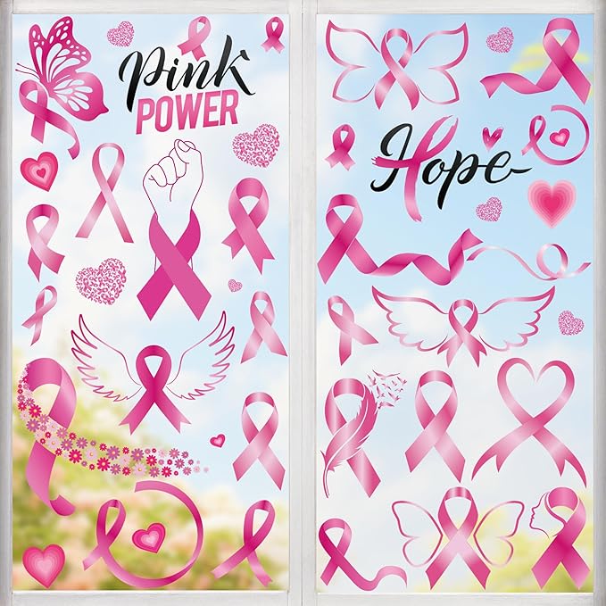 9 Sheets Breast Cancer Awareness Window Clings, 77 Kinds of Pink Window PVC Stickers for Pink Ribbon Decorations, Hope Fight Cancer Theme Windows Decals for Glass Home Decor Supplies