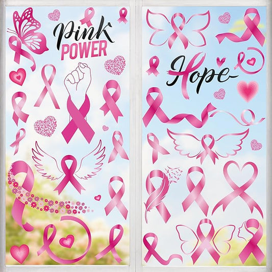 9 Sheets Breast Cancer Awareness Window Clings, 77 Kinds of Pink Window PVC Stickers for Pink Ribbon Decorations, Hope Fight Cancer Theme Windows Decals for Glass Home Decor Supplies