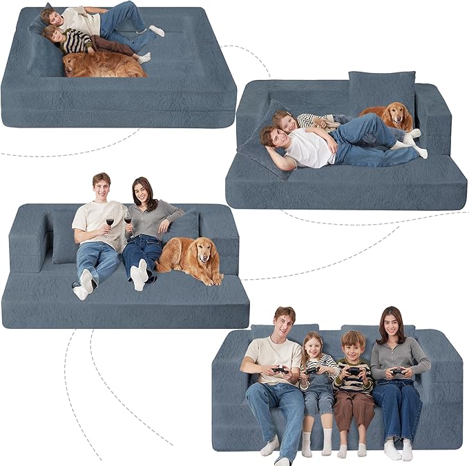 Folding Bean Bag Chair for Adults,3-in-1 Bean Bag Couch Faux Fur Floor Sofa Large Beanbag Convertible Bean Bag Sofa Bed with Pillow in Bedroom,Living Room,Apartment(Queen,Gray)