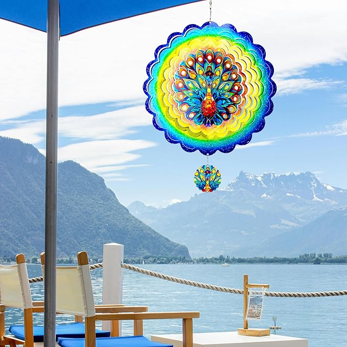 Peacock Hanging Wind Spinners,12 Inch 3D Garden Spinner Kinetic Art Garden Decorations，Stainless Steel Reflective Wind Spinners for Yard