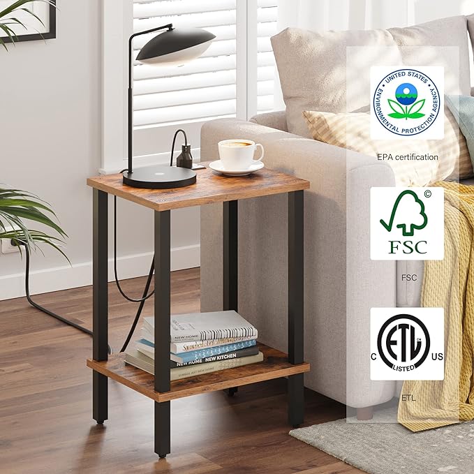 TUTOTAK End Table with Charging Station, Side Table with USB Ports and Outlets, Nightstand, 2-Tier Storage Shelf, Sofa Table for Small Space, 1 Package（2PCS） TB01BB041