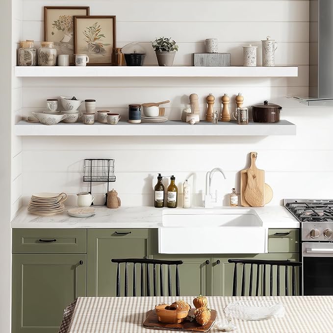 36"x6.8"x1.2" Solid Wood Floating Shelves 2-Pack - Rustic White Finish with Hidden Brackets, Perfect for Storage and Décor in Living Room, Kitchen, Bedroom