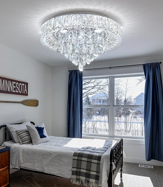 Modern Crystal Chandeliers for Dining Room LED Light Fixture Close to Ceiling Chandelier Flush Mount Ceiling Light Dimmable Lamp with Remote for Living Room Bedroom Hallway 2700K 6000K