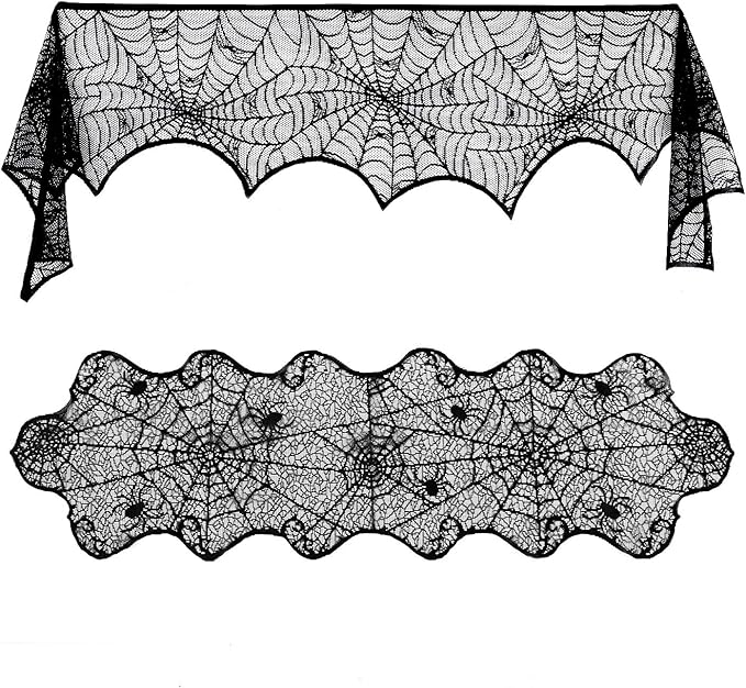 Lulu Home Halloween Fireplace Decorations, Fireplace Mantle Scarf Cover and Table Cloth, Black Lace Spider Web for Table, Door, Window and Fireplace Decoration, Halloween Decoration