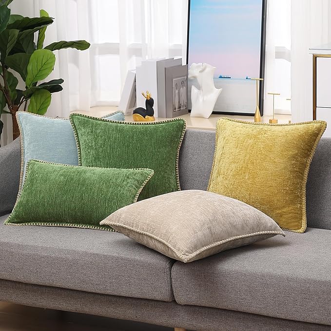 decorUhome Fall Chenille Soft Throw Pillow Covers 16x16 Set of 2, Farmhouse Velvet Neutral Decorative Euro Pillow Covers with Stitched Edge for Couch Sofa Bed Home Decor, Forest Elf