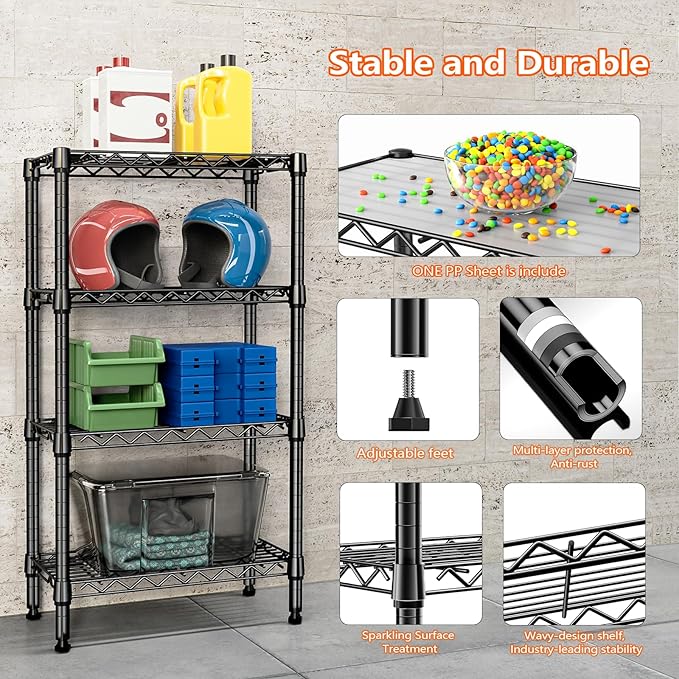 1000 lbs 4 Tier Shelf Metal Storage Shelves Wire Rack Closet Organizers with PP Board for Garage Kitchen Bathroom Laundry Black 11.8" D x 21.7" W x 39.5" H