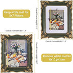 8x10 Vintage Picture Frame with Embossed Flower Design, Green Ornate Frame for 8x10 or 5x7 Pictures with White Mat, Hand-Crafted Resin Antique Frames for Tabletop & Wall Hanging, Home Decor (Green )
