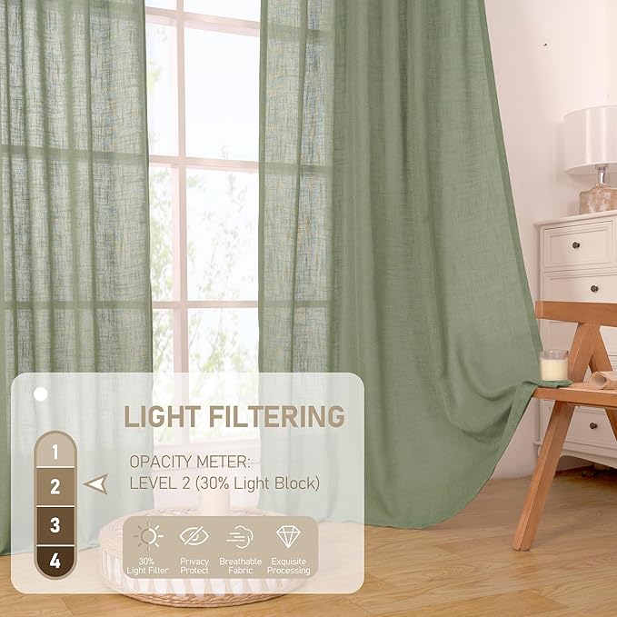LAMIT Living Room Linen Curtains 95 Inch for Bedroom, Bronze Grommet Linen Textured Sheer Curtains Light Filtering Burlap Drapes for Farmhouse, 2 Panels, 52 x 95 Inch, Sage Green