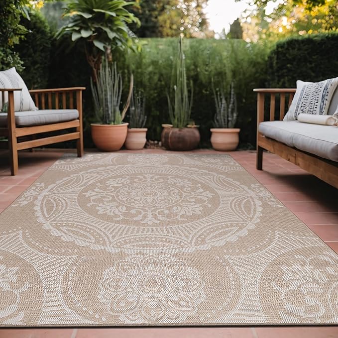 Medallion Outdoor Rug 6x9 Washable Outside Carpet for Indoor Patio Porch Waterproof Easy Cleaning Non Shedding Area Rugs Beige 6 x 9
