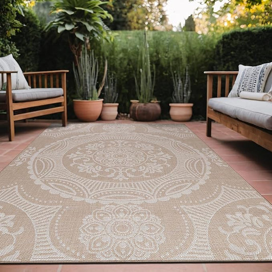 Medallion Outdoor Rug 6x9 Washable Outside Carpet for Indoor Patio Porch Waterproof Easy Cleaning Non Shedding Area Rugs Beige 6 x 9