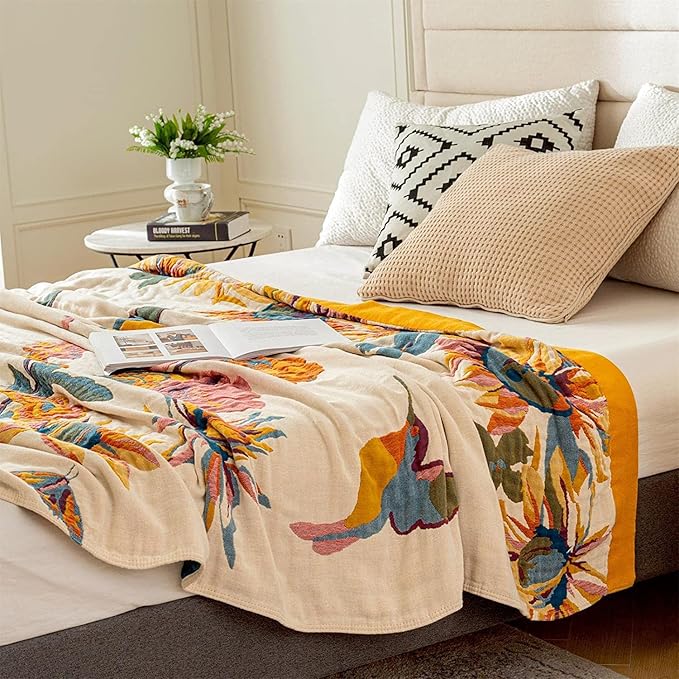 MSGKV Boho Throw Blanket 60''x80'',100% Cotton Blankets for Couch Bed,Cotton Quilt Travel Muslin Blankets Farmhouse Home Decor Soft Lightweight Picnic Blanket