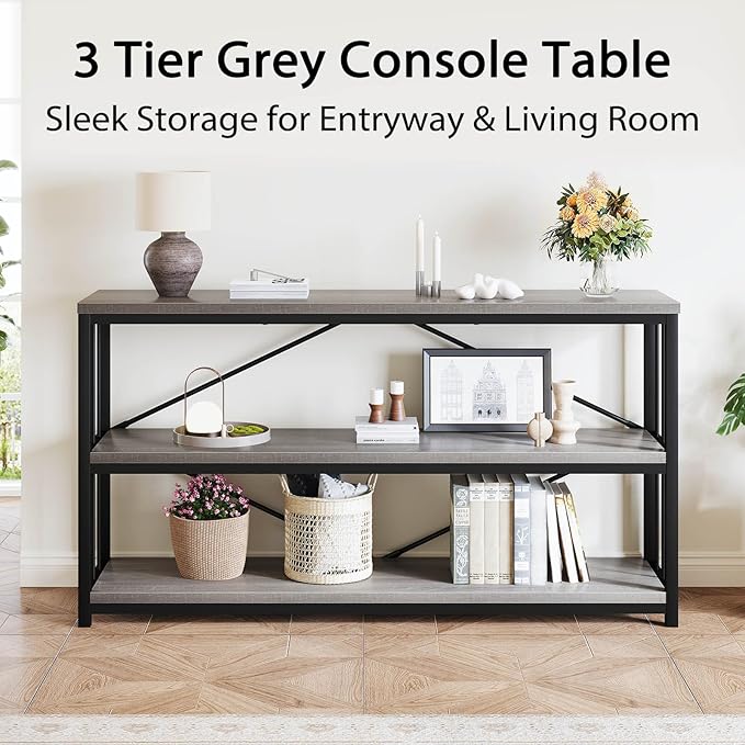 LVB Farmhouse Industrial Console Table, Wood Metal Foyer Entryway Sofa Tables with Storage, 3 Tier Long Rustic Entry Table TV Stand with Shelves for Home Living Room Hallway, Light Grey Oak, 55 Inch