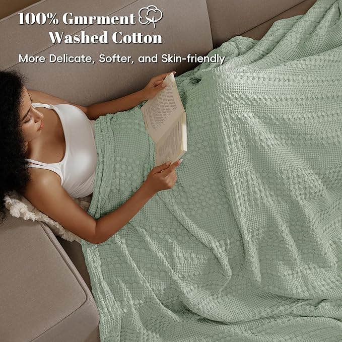 PHF 100% Cotton Waffle Weave Blanket Twin Size, Soft Lightweight Breathable Cozy Summer Blankets for Bed, Luxury Aesthetic Woven Bedding for Home Decor, 66"x90", Sage Green