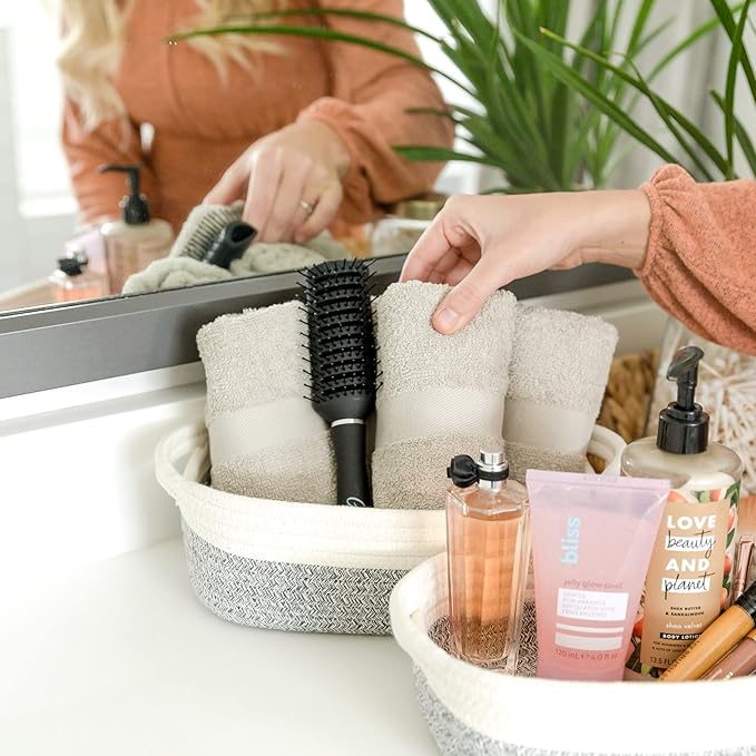 NaturalCozy 5-Piece Rectangle Storage Basket Set- Natural Cotton Rope Woven Baskets for Organizing! Small Basket for Montessori, Baby Nursery, Dog Toy Baskets, Cat Toy Box, Bathroom Organization Bin