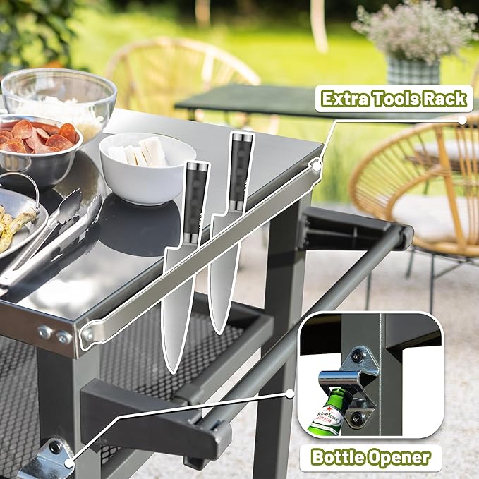 Domi 3-Shelf Outdoor Grill Table, Grill Cart with Wheels, Outdoor Pizza Oven and Food Prep Table, Blackstone with Stainless Steel Tabletop, BBQ Stand for Blackstone Griddle for Outside BBQ