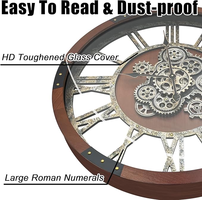 DORBOKER 27" Original Moving Gears Wall Clock, Large Industrial Wall Clock for Living Room Decor, Retro Metal Solid Wood Vintage Farmhouse Steampunk Rustic Clocks for Wall Decor,Black Walnut