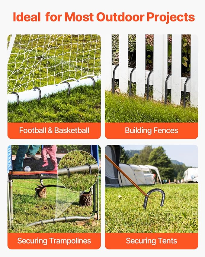 VEVOR Rebar Stakes, 16-Inch, Heavy-Duty 0.4 in Diameter J Hook, Galvanized Steel Ground Anchors with Chisel Point End & Rust-Resistant Coating, for Gardening Support, Fence, Camping Tents (16-Pack)