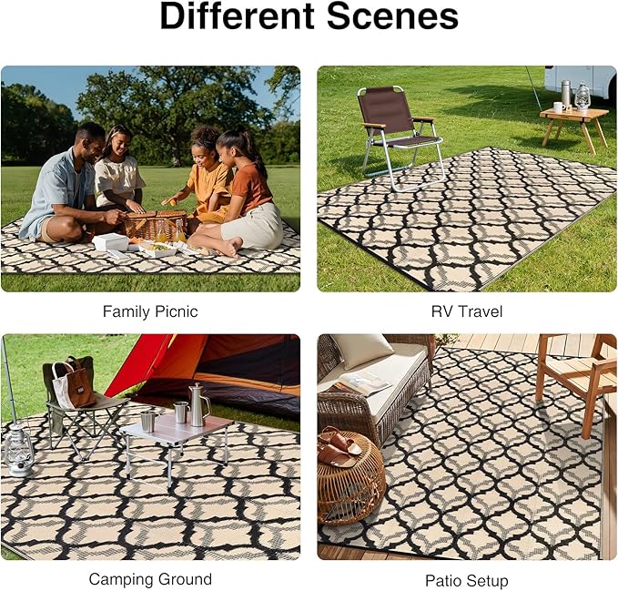 OLANLY Reversible Outdoor Rug 9x12 ft Clearance, Waterproof Outdoor Plastic Straw Rug with Interlacing Pattern, RV Mat for Patio, Camping, Balcony, Deck, Backyard, Black & Beige