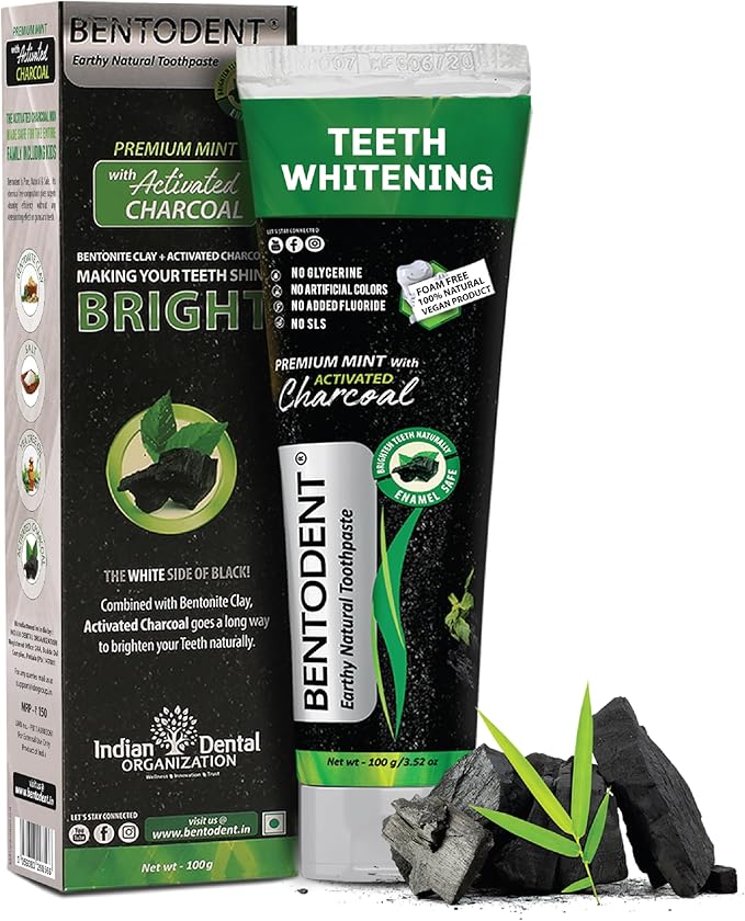 BENTODENT TOOTHPASTE Teeth Whitening Bentonite Clay & Activated Charcoal Toothpaste - Natural Teeth Whitening Toothpaste, No Fluoride & No SLS Vegan, 3.52 oz