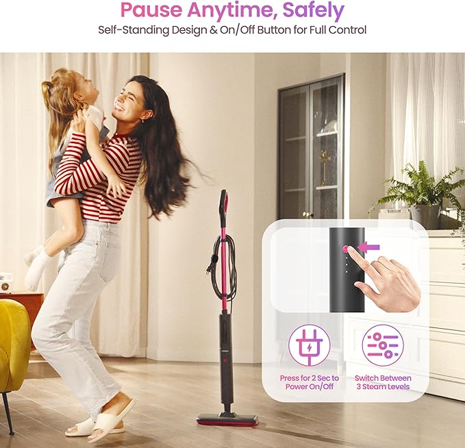Schenley Steam Mop Cleaner Powerful - 15s Fast Heat-Up, Chemical-Free for Hardwood/Tile/Laminate & Floors/Walls, Washable Pads, 3 Modes for Carpet, Lightweight, Self-Standing, Sleek Design