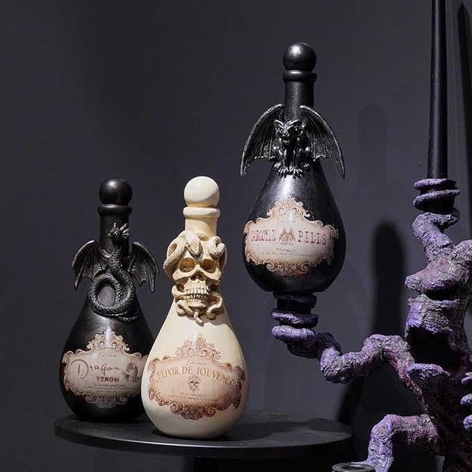 Braxio Halloween Home Decor Potion Bottles - Resin Black Bad Dragon Halloween Potion Bottles Gothic Decor Decorative Bottles Room Decor Aesthetic for Day of The Dead 4.25 * 4.25 * 9.5 Inch