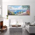 XLSJERST Extra Large Coastal Wall Art - Ocean Seascape Canvas Yellow Green Flowers Painting Landscape Sailboat Picture Artwork Modern Large Framed for Living Room Bedroom Home Office Decor