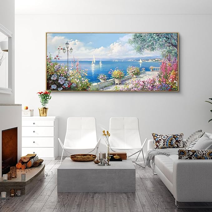 XLSJERST Extra Large Coastal Wall Art - Ocean Seascape Canvas Yellow Green Flowers Painting Landscape Sailboat Picture Artwork Modern Large Framed for Living Room Bedroom Home Office Decor