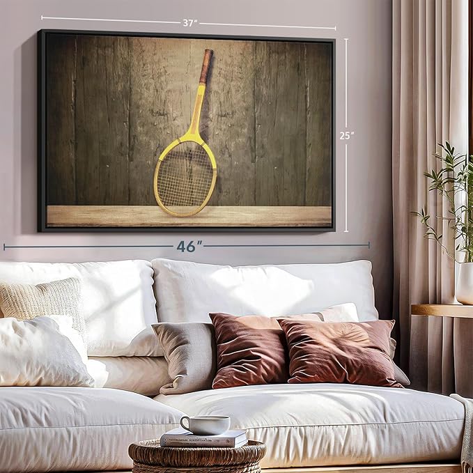 ElephantStock Vintage Tennis Racket Wall Art - Horizontal Framed Canvas - 1-Piece Living Room Wall Decor - Photography Sports Canvas Print - Brown and Black Decor for Wall - 37" X 25"