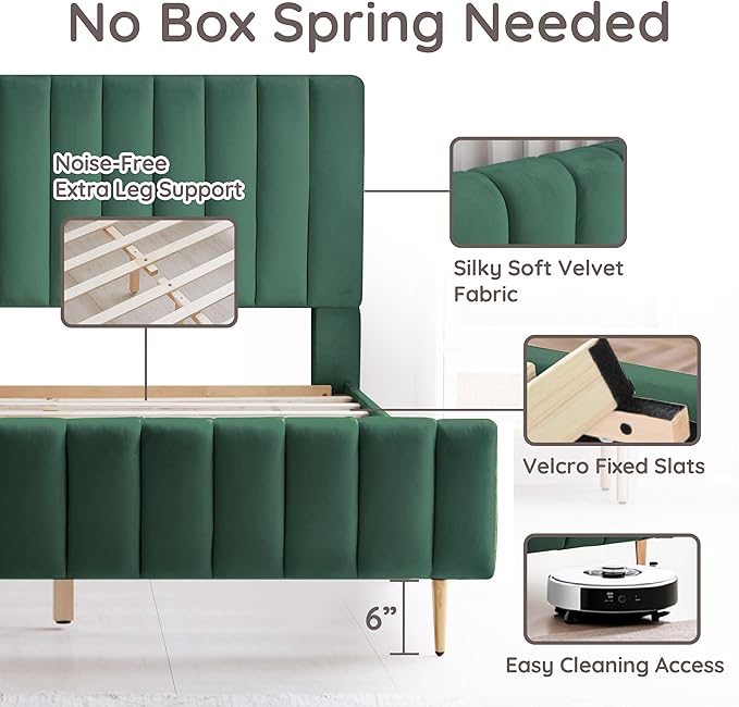 Livinia Full Size Elton Velvet Platform Bed, Upholstered Bed Frame with Vertical Channel Tufted Headboard Footboard, Strong Wood Slats, No Box Spring Needed, Green (Full)