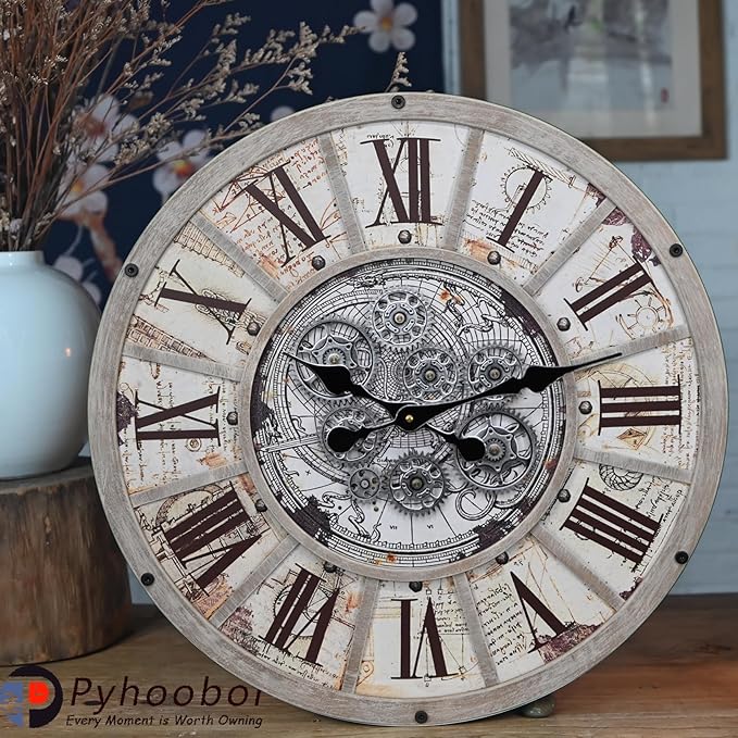 Unique Moving Gear Large Wall Clock 21inch-Battery Powered. Retro Industrial Steampunk Country Farmhouse Decor for The Living Room Kitchen Bars cafes Offices(whith/metal/21)