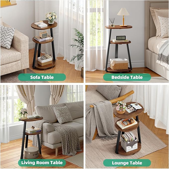 Side Table, Small End Table with Metal Frame, 3-Tier Bedside Tables, Round Side Tables for Living Room Bedroom Couch Bathroom, Oval, Vintage Brown