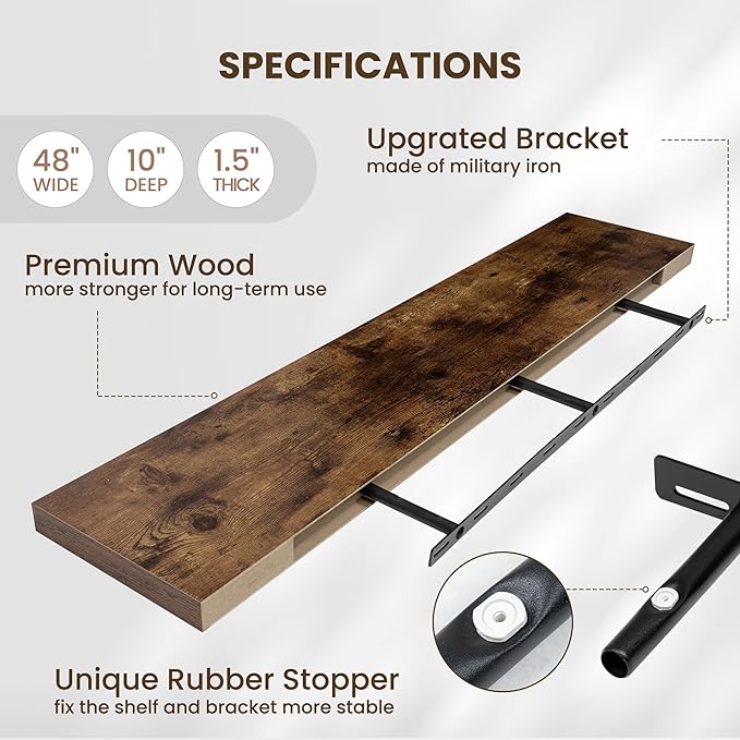 48 Inch Floating Shelves for Wall - 10 Inch Deep Fireplace Mantel Shelf - Wood Floating Shelves for Wall - Large Storage Shelves Wall Mount for Living Room & Bedroom - Rustic Brown - Set of 1