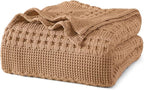 PHF 100% Cotton Waffle Weave Blanket Queen Size, Soft Lightweight Breathable Cozy Summer Blankets for Bed, Luxury Aesthetic Woven Bedding for Home Decor, 90"x90", Camel