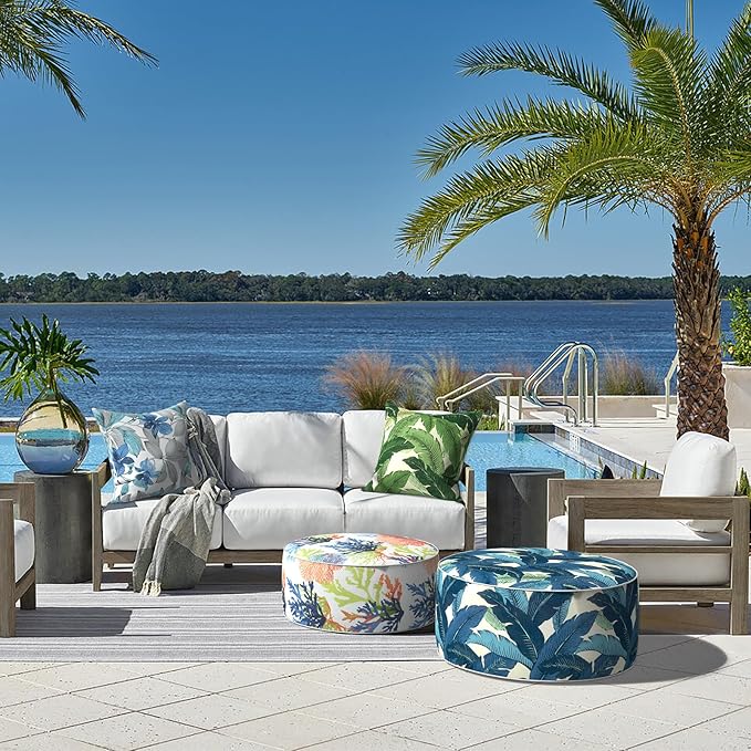 LVTXIII Outdoor Inflatable Ottoman, Patio Fade-Resistant Footrest Stool with Handle, Portable Round Ottoman Pouf for Patio Garden, Camping or Home Use, 21"x21"x9", Coral Multi