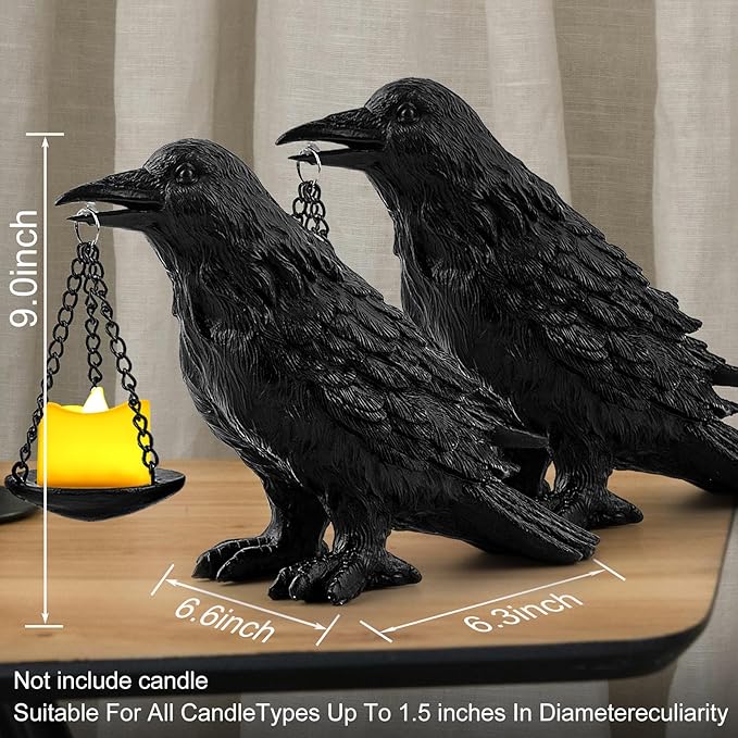 Raven Gothic Home Decor Fake Crow Light Holder Raven Lamp Tealight Candle Holder Resin Raven Statue 2PCS