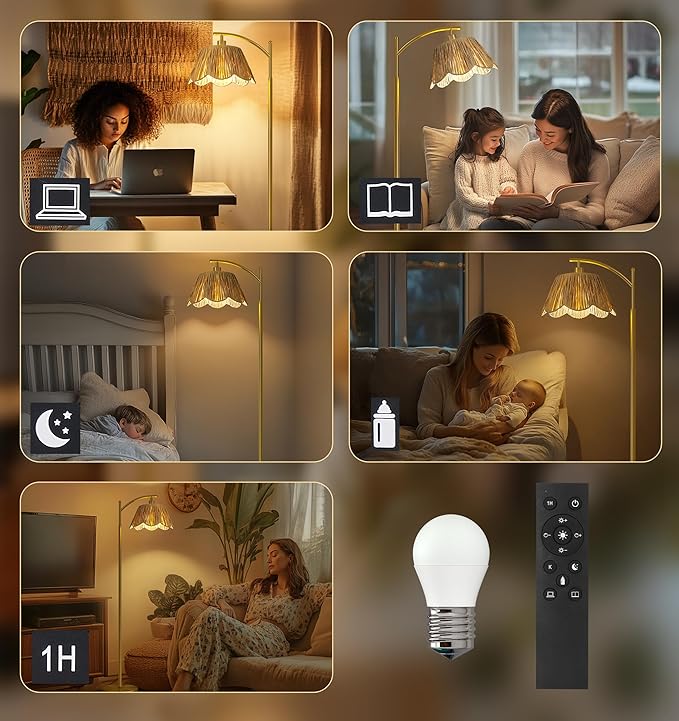 Oneach Boho Floor Lamp with 3 Color Temperatures, Farmhouse Floor Lamps for Living Room with Remote & Dimmable Bulb, Rattan Floor Lamp for Bedroom, Gold