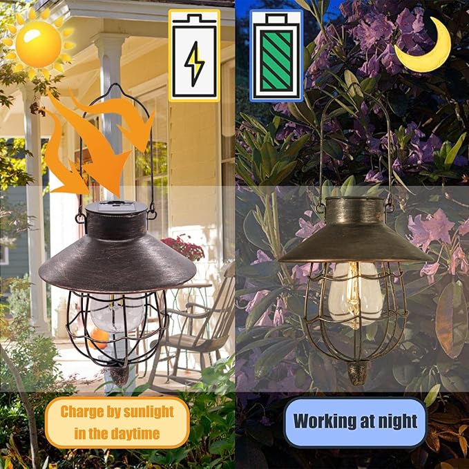 YAKii 2 Pack Solar Lantern Hanging Waterproof Outdoor Metal Solar Lamp with Warm White Light Decorate for Yard Garden Pathway Patio Porch Decor (Antique Copper)