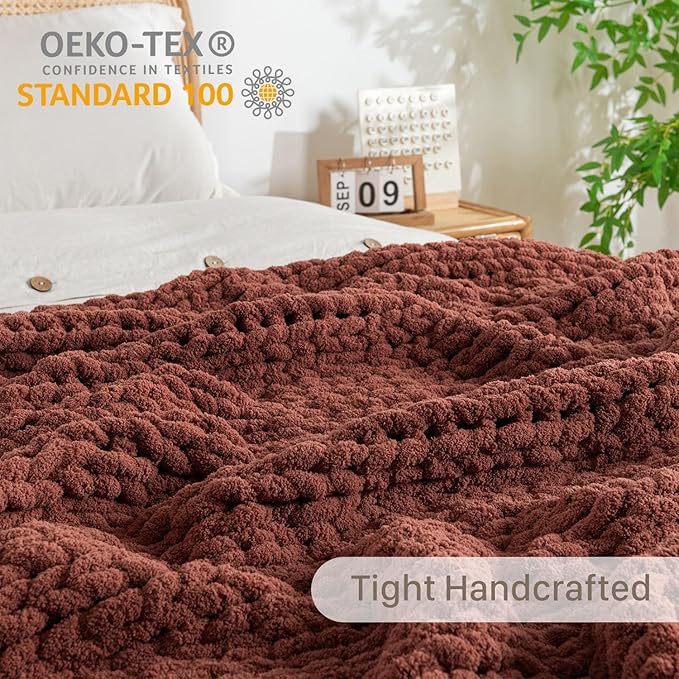 Chunky Knit Blanket Throw, 100% Hand Knit Throw Blanket Handmade Chenille Cable Knit Throw for Couch, Stylish Cozy Soft Rope Knot Crochet Blanket for Home Decor, Copper Brown, 50x60 Inches