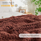 Chunky Knit Blanket Throw, 100% Hand Knit Throw Blanket Handmade Chenille Cable Knit Throw for Couch, Stylish Cozy Soft Rope Knot Crochet Blanket for Home Decor, Copper Brown, 50x60 Inches