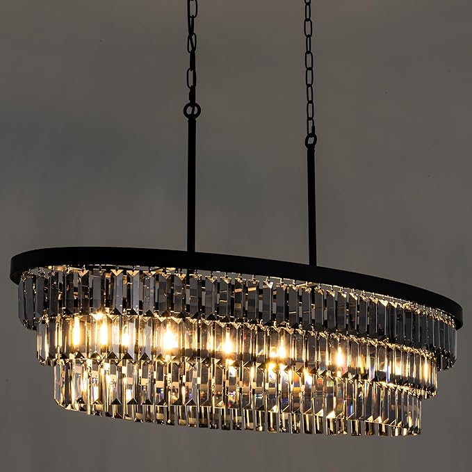 TOCHIC Chandelier for Dining Room 40 inch, Modern Crystal Chandelier for Living Room, Black Kitchen Chandelier Island Lighting, Oval Contemporary Ceiling Light Fixture for Bedroom, Smoke Grey