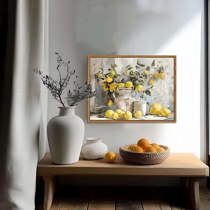 Framed Lemon Kitchen Wall Decor for Dining Room - Vintage Mustard French's Yellow Lemon Kitchen Wall Art, Rustic Oil Paintings Posters Prints for Bathroom Living Room Bedroom 12x16 inch