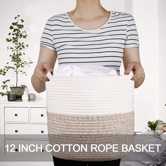 Woven Cotton Rope Plant Basket for 11 inch Flower Pot Floor Indoor Planters,Decorative Small Basket for Plants Storage Organizer Modern Home Decor (12" x 12", Khaki)