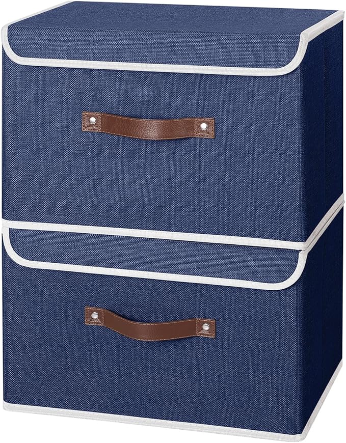 ANMINY 2PCS Storage Bins with Lid PU Leather Handles Storage Boxes PP Plastic Board Decorative Foldable Lidded Cotton Linen Fabric Home Cubes Baskets Closet Organizer Containers - Blue, Large Size
