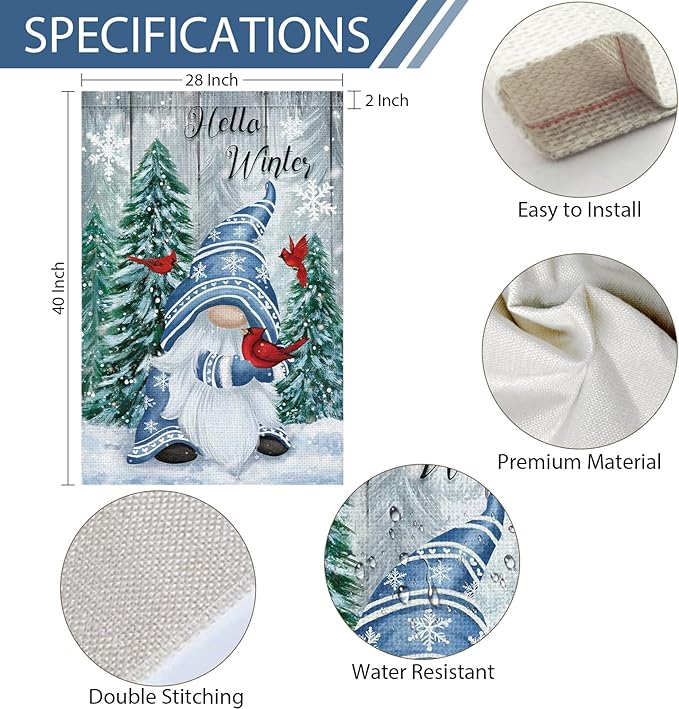 Heyfibro Hello Winter Gnome Garden Flag 28x40 Double Sided Burlap Cardinals Snowflakes Snow Yard Banner for Christmas Seasonal Outside Outdoor House Decoration (ONLY FLAG)