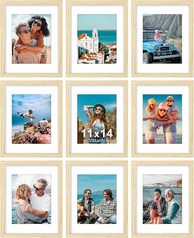 Vittanly 11x14 Picture Frames Set of 9, Shatter Resistant Plexiglass, Display 8x10 Pictures with Mat or 11x14 without Mat, Photo Frames for Wall or Tabletop, Engineered Wood, OAK