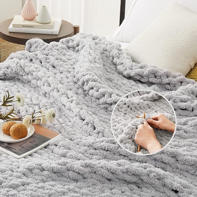 L'AGRATY Chunky Knit Blanket Throw - Soft Chenille Yarn Throw Blanket 60x80: Handmade Thick Cable Knit Crochet Blanket - Large Knit Blanket Chunky Rope Knot Throw Blanket for Couch Sofa Bed Home Decor