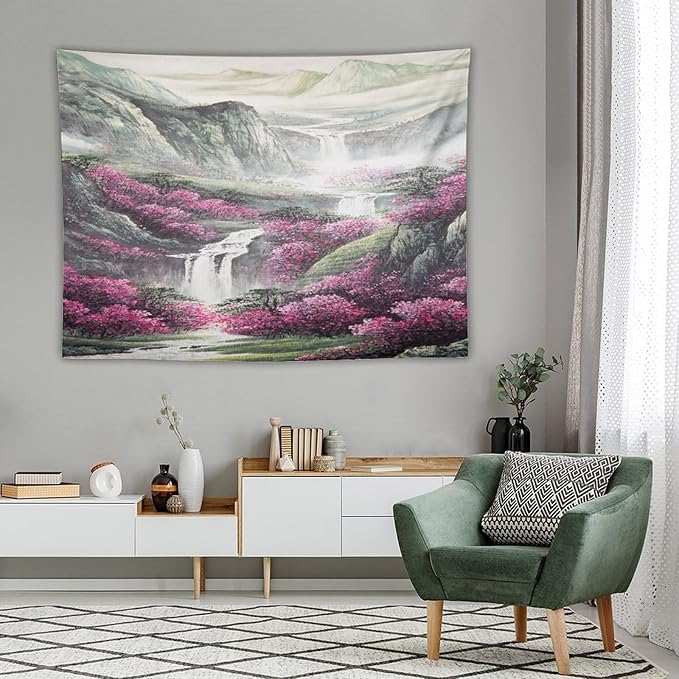Japanese Tapestry, Red Plum Blossom Mountain Tapestry, Asian Japanese Wall Tapestry, Nature Landscape Tapestries for Bedroom Living Room Decor 80"x60"