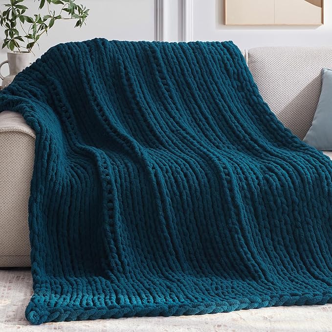 Chunky Knit Throw Blanket, 60''*80'' Knitted Throw Chenille Yarn for Bed Couch, Handmade Peacock Blue Crochet Big Thick Blanket, Machine Washable Cute Comfy Blanket for Home Decor