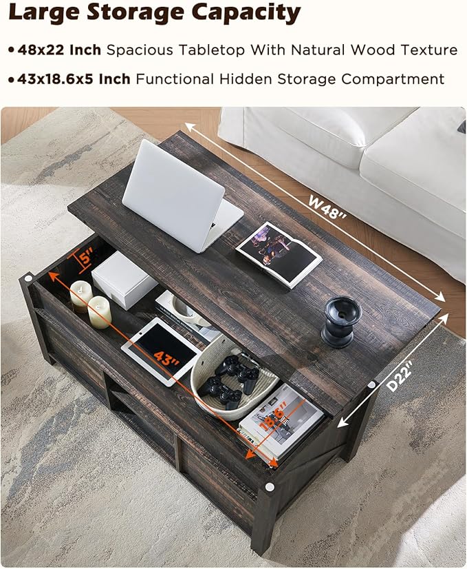 OKD 48" Farmhouse Lift Top Coffee Table with Sliding Barn Door,Rustic Center Table with Hidden Storage Compartment,Lifting Tabletop and Adjustable Shelf for Living Room,Office,Dark Rustic Oak