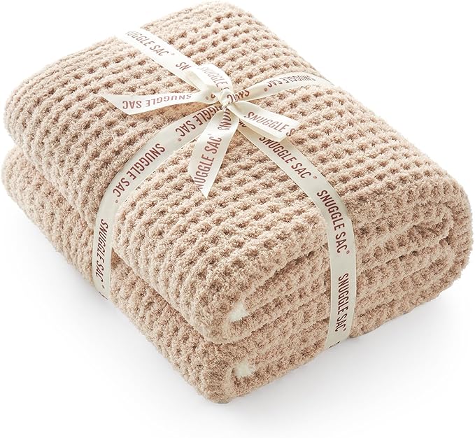 Snuggle Sac Waffle Throw Blanket for Couch Bed Sofa 50x60 inches, Reversible Beige Blanket Microfiber Fluffy Fuzzy Cozy Knit Soft Throws for Women Mothers Birthday Gifts